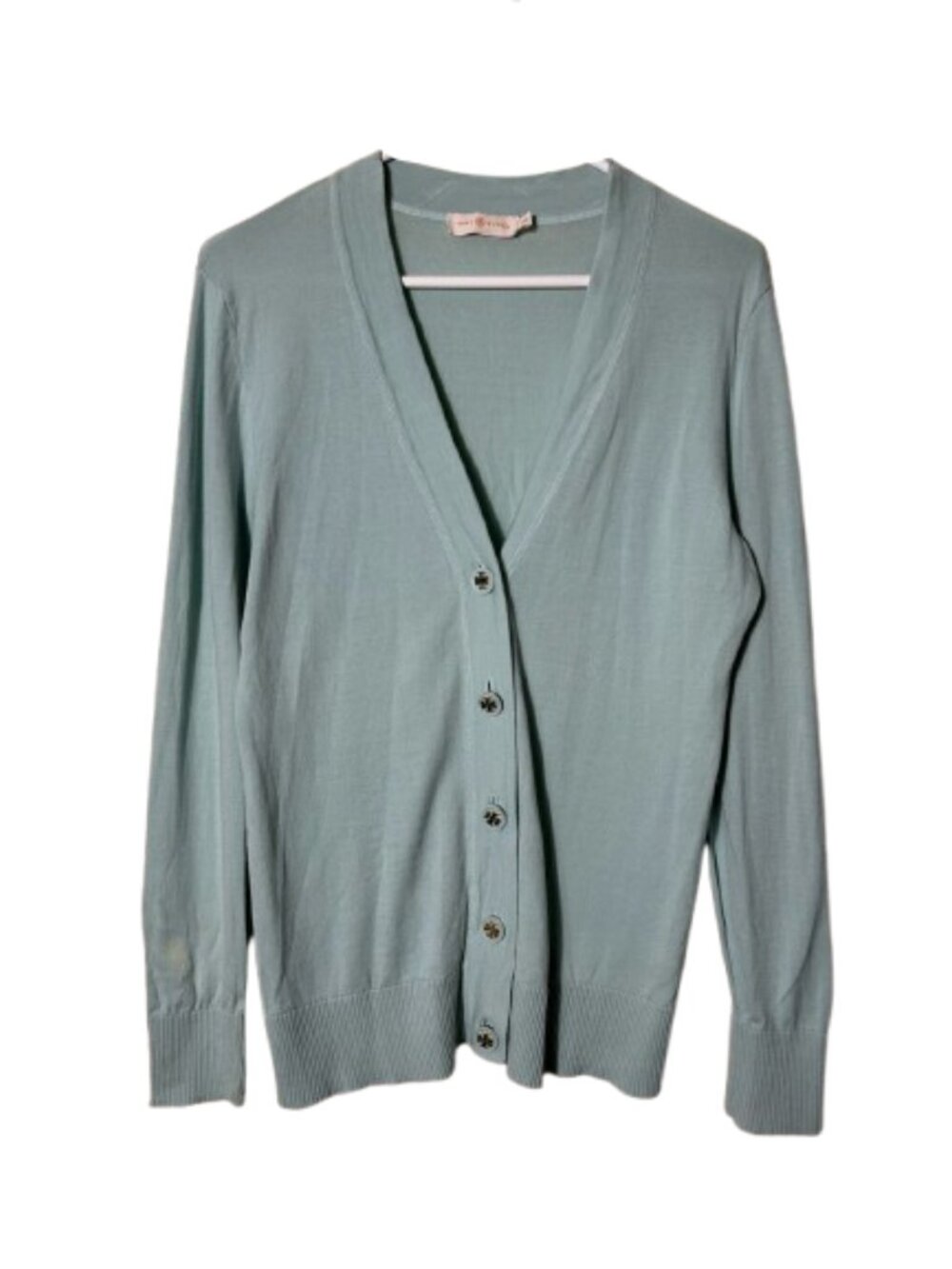 Tory burch aqua light blue cotton gold button logo cardigan womens M